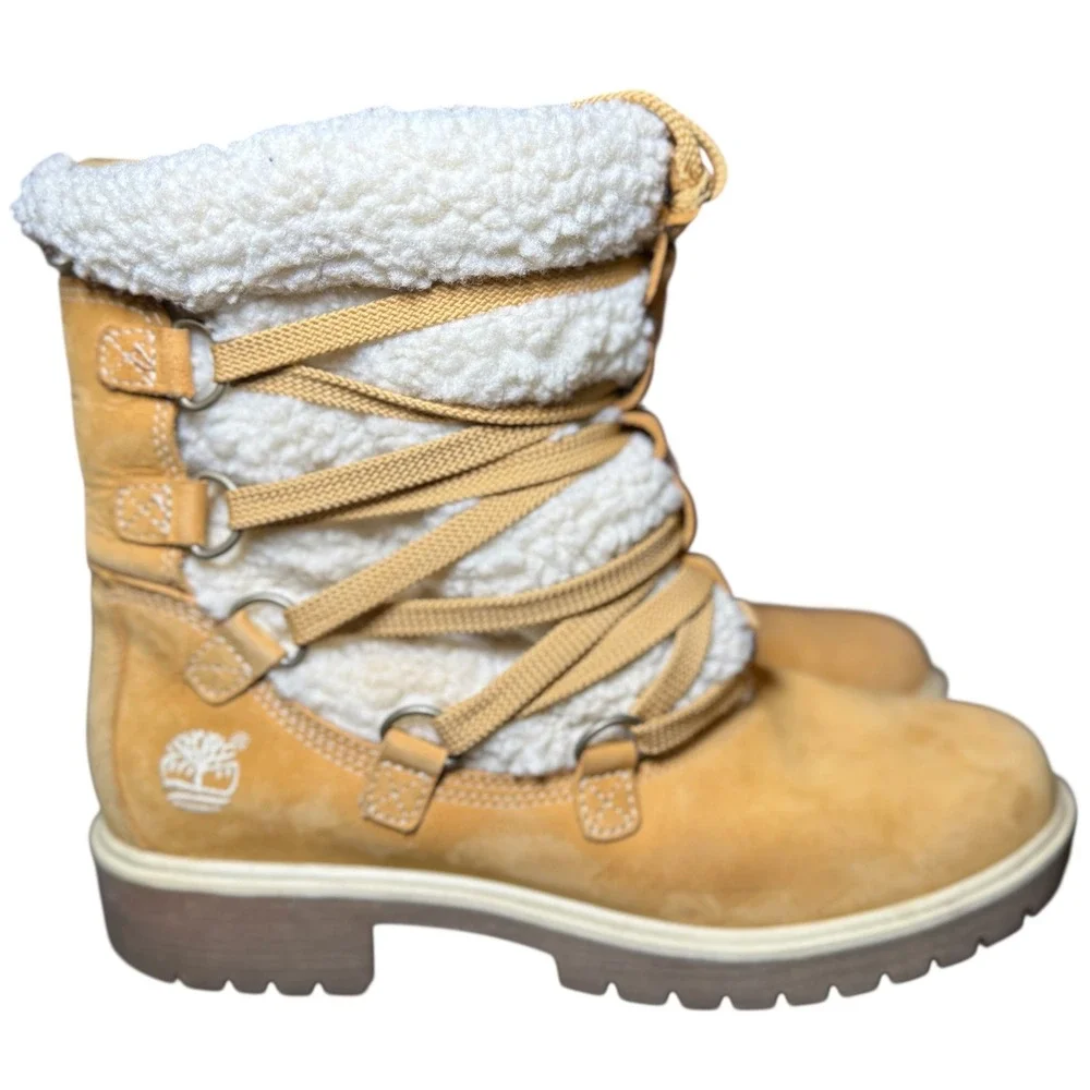 Timberland Women's Wheat Shearling Lace-Up Winter Boots Sz 8.5 Warm Fur Lined